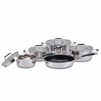 Induction bottom kitchen cooking double handle stainless steel cookware set with lids